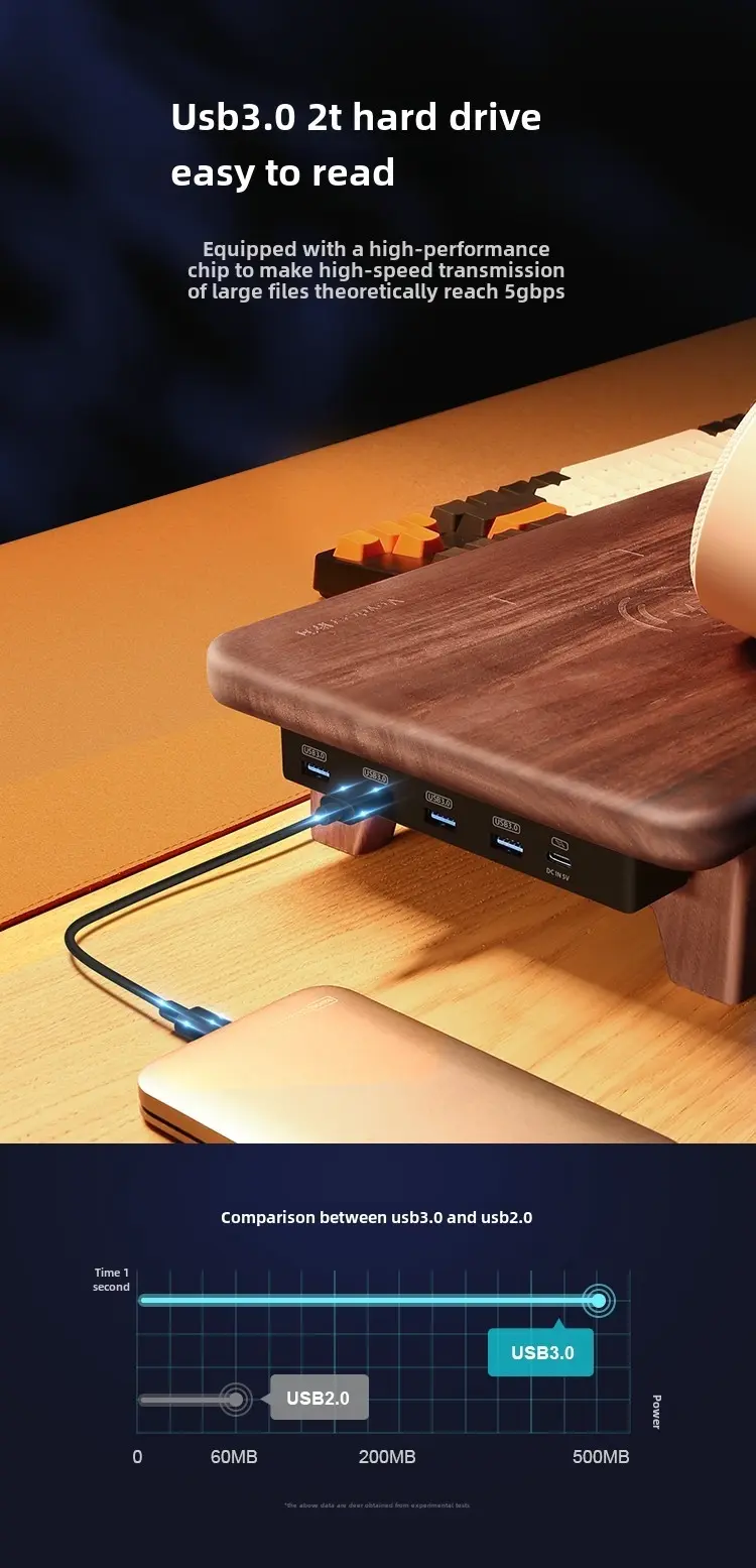 ជើងទម្រ Monitor ឈើមានជាមួយនឹងរន្ធ USB 